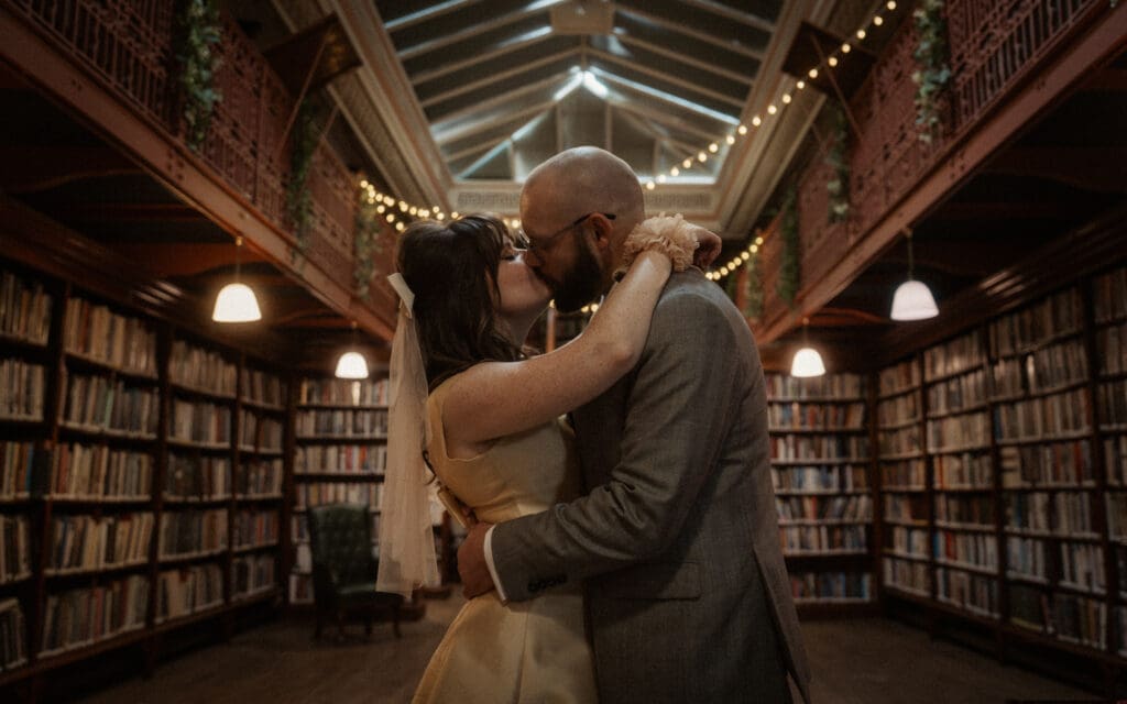 Cinematic wedding photo at The Leeds Library Wedding Venue