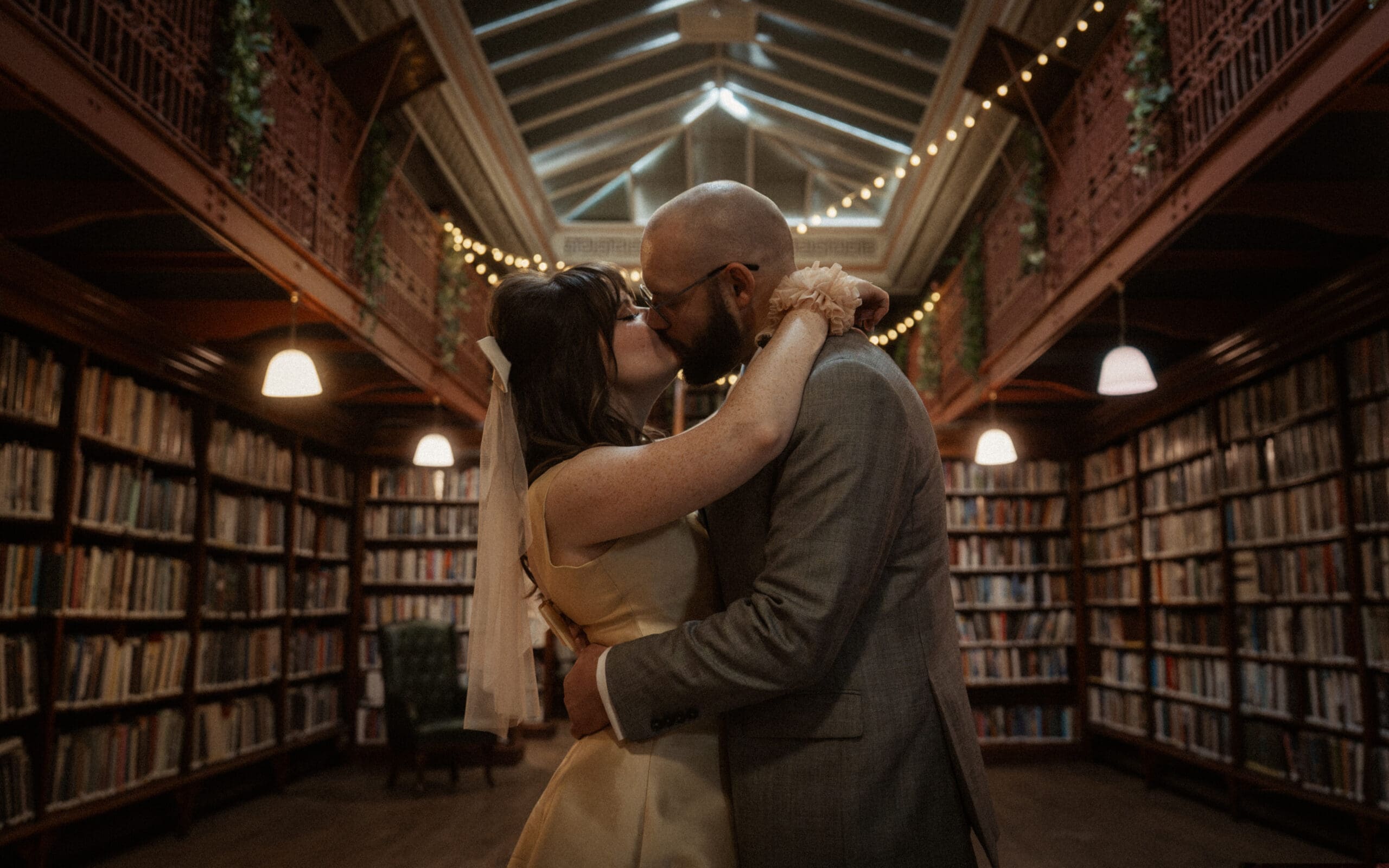 Cinematic wedding photo at The Leeds Library Wedding Venue